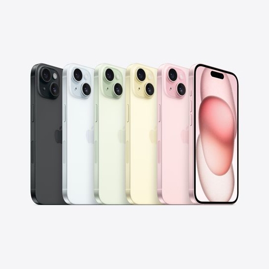 A lineup of smartphones in various colors with dual-camera systems, displayed alongside a close-up of one phone's screen.