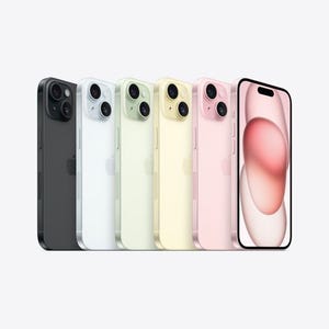 A lineup of smartphones in various colors with dual-camera systems, displayed alongside a close-up of one phone's screen.