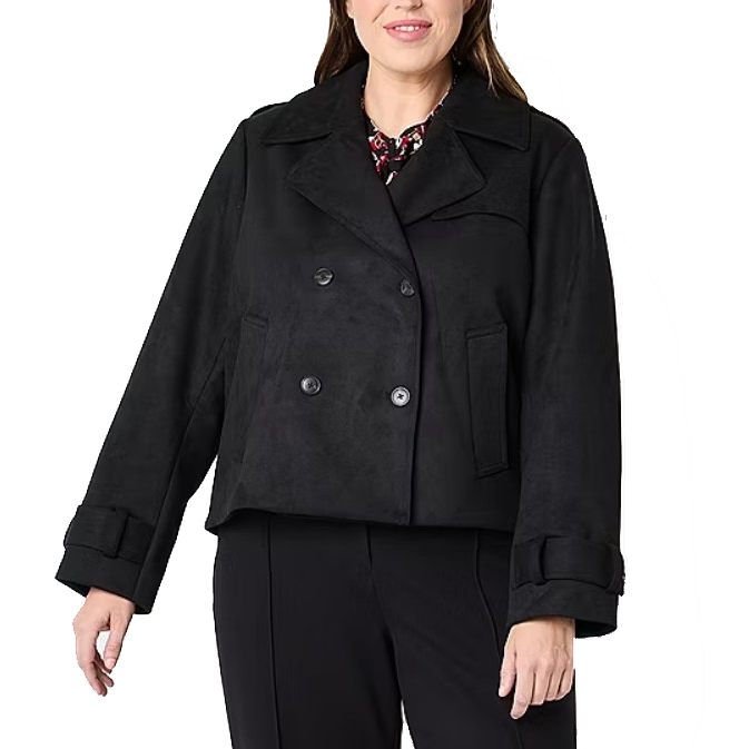 A black double-breasted peacoat with wide lapels and buttoned cuffs, featuring a short, boxy cut and a front pocket detail.