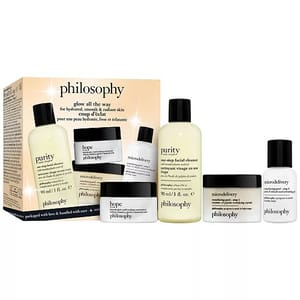 Philosophy \“Glow All the Way\“ skincare set includes Purity facial cleanser, Hope moisturizing cream, and Microdelivery exfoliating wash, each in travel-friendly sizes.