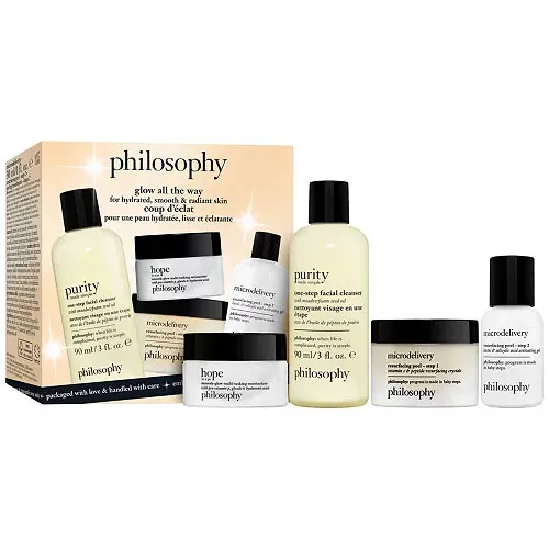 Philosophy \“Glow All the Way\“ skincare set includes Purity facial cleanser, Hope moisturizing cream, and Microdelivery exfoliating wash, each in travel-friendly sizes.