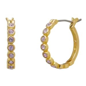 Small hoop earrings plated in gold feature a row of alternating clear and pink stones.
