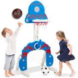 A 3-in-1 activity set for toddlers includes a basketball hoop, a soccer goal, and a ring toss game, along with a basketball and soccer ball. Two children are shown playing with the set.