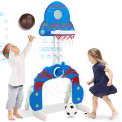 A 3-in-1 activity set for toddlers includes a basketball hoop, a soccer goal, and a ring toss game, along with a basketball and soccer ball. Two children are shown playing with the set.
