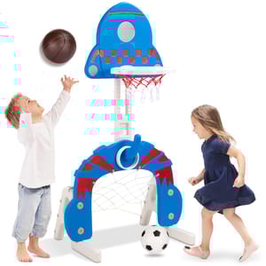 A 3-in-1 activity set for toddlers includes a basketball hoop, a soccer goal, and a ring toss game, along with a basketball and soccer ball. Two children are shown playing with the set.