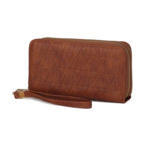 Brown zippered leather wallet with embossed \“M\“ pattern and attached wrist strap.