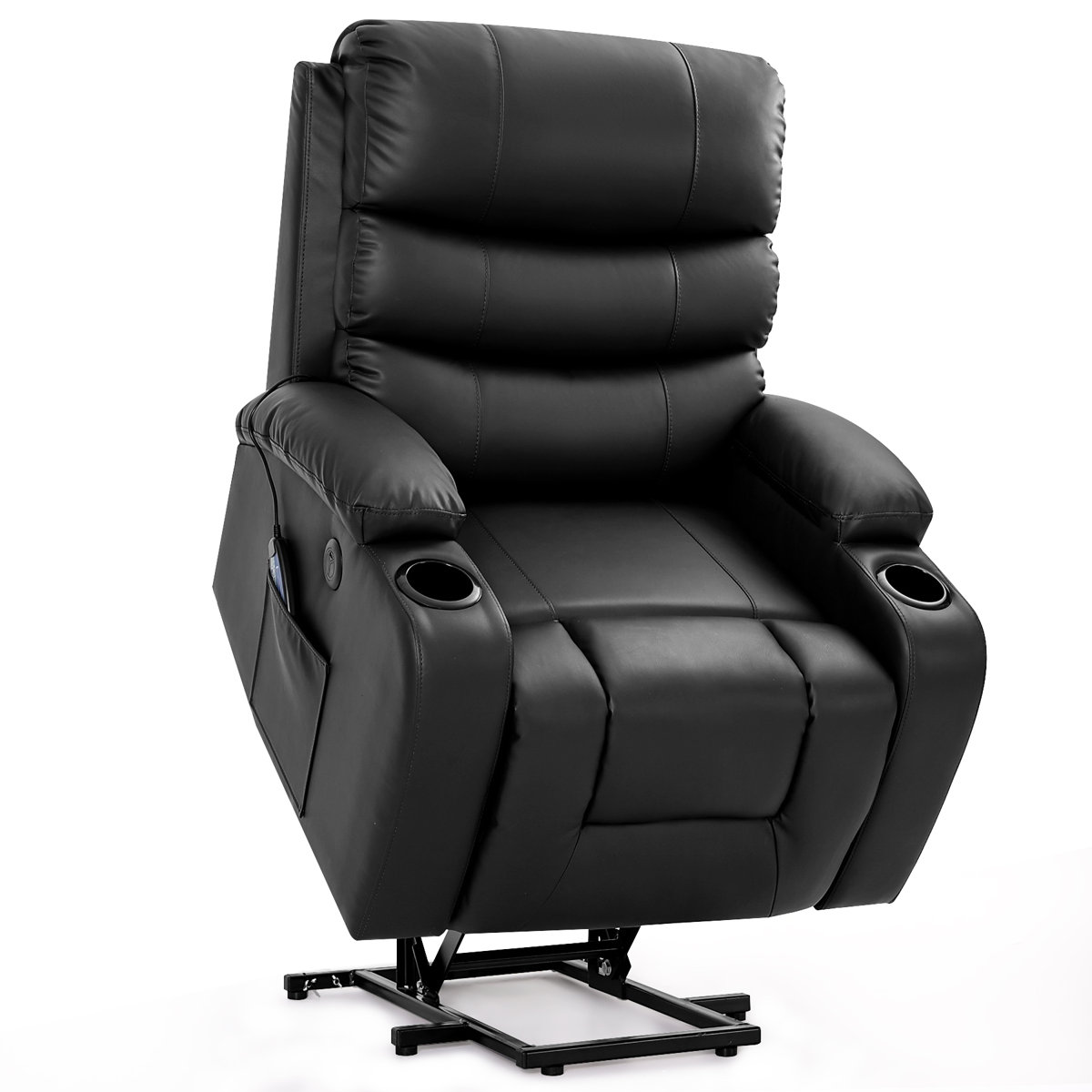 Black leather electric lift recliner with heat and massage features, cup holders on both armrests, and a side pocket for storage.