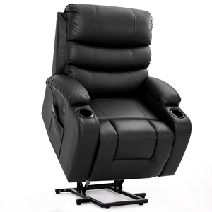 Black leather electric lift recliner with heat and massage features, cup holders on both armrests, and a side pocket for storage.
