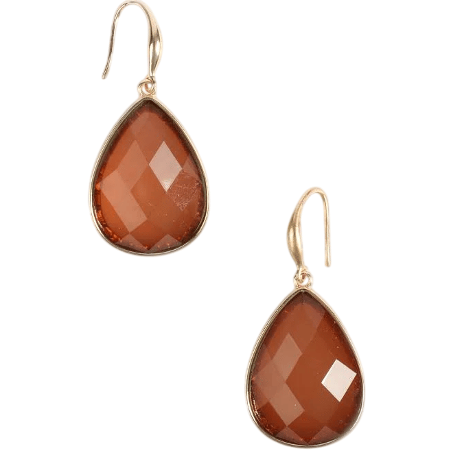 Teardrop-shaped earrings feature faceted brown stones set in gold-toned metal with hook fastenings.