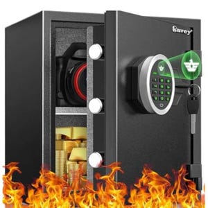 A digital fireproof safe with a keypad lock is shown open, containing a camera and gold bars. Flames surround the base, indicating its fire-resistant feature.