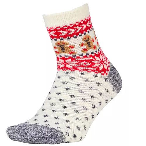 Northeast Outfitters Cabin Socks feature a winter-themed design with red, white, and gray patterns, including snowflakes and small decorative elements. The heel, toe, and cuff are reinforced with gray material for added warmth and comfort.