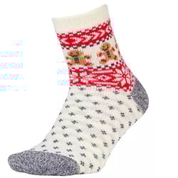 Northeast Outfitters Cabin Socks feature a winter-themed design with red, white, and gray patterns, including snowflakes and small decorative elements. The heel, toe, and cuff are reinforced with gray material for added warmth and comfort.