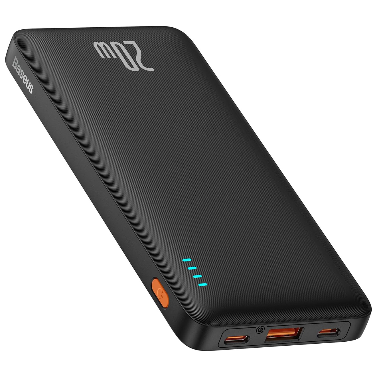 Two slim power banks with 10,000mAh capacity, featuring a textured black design and LED indicators for battery life. They have USB and USB-C ports.