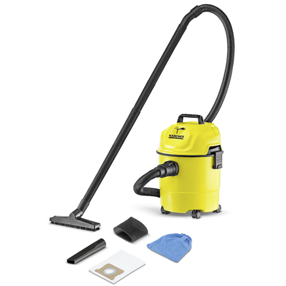 Yellow wet and dry vacuum cleaner with accessories including a hose, floor nozzle, crevice tool, dust bag, foam filter, and cloth filter bag.