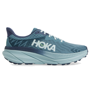 A blue Hoka running shoe with a thick, cushioned sole and the Hoka logo on the side.