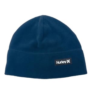 A navy blue fleece beanie with a black and white Hurley logo patch on the front.