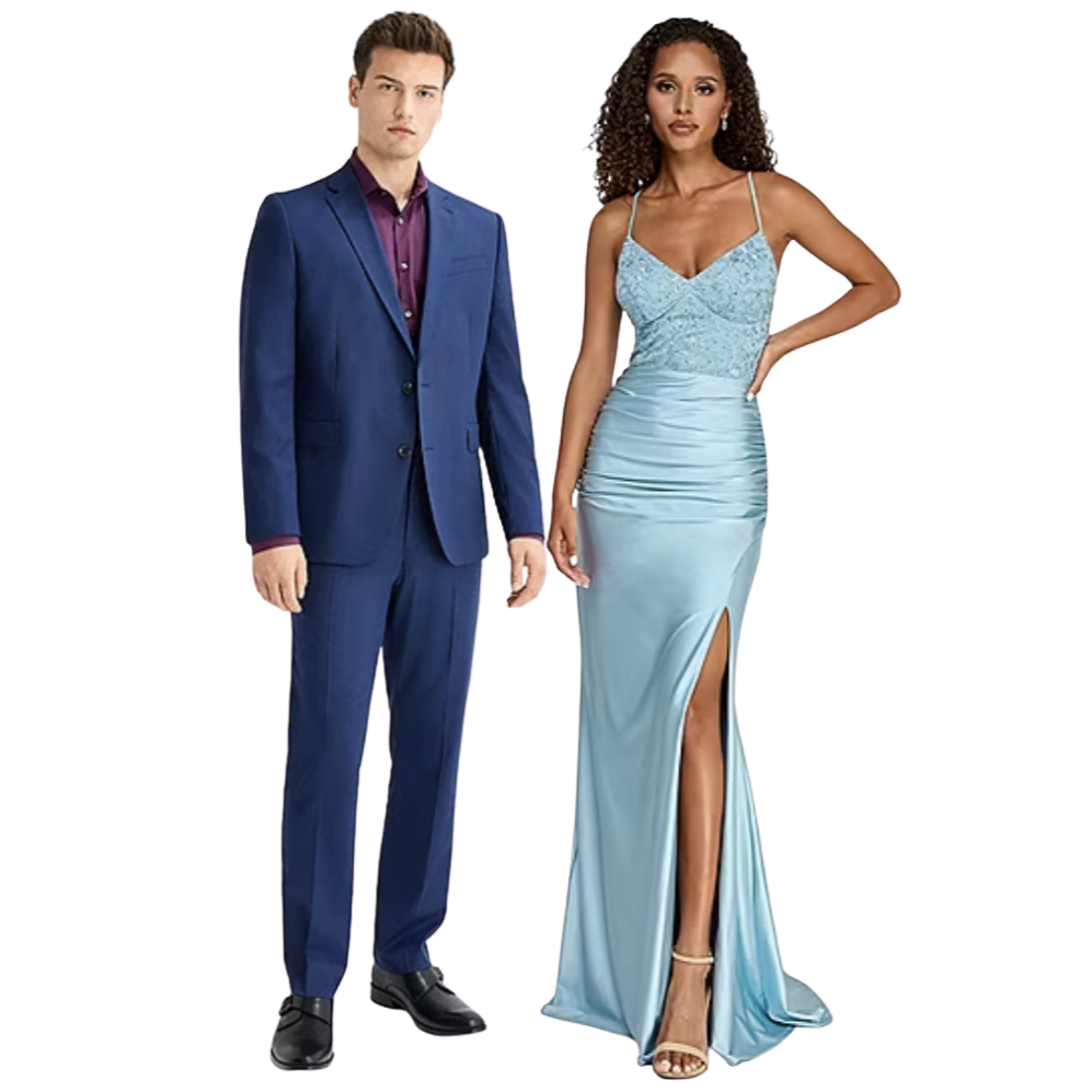 A man is wearing a blue suit with a burgundy shirt, and a woman is in a light blue, fitted evening gown with a thigh-high slit and spaghetti straps, complemented by strappy heels.
