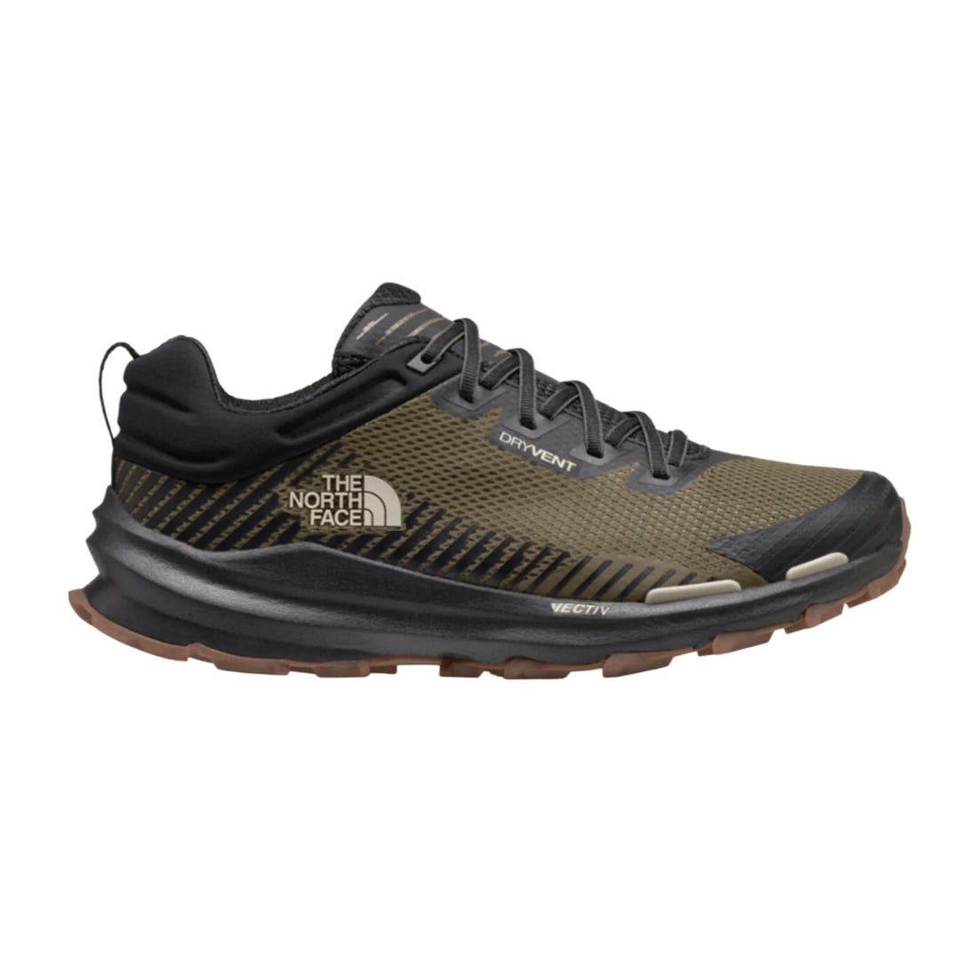 The North Face VECTIV trail running shoe features a brown and black design with DRYVENT waterproof technology.