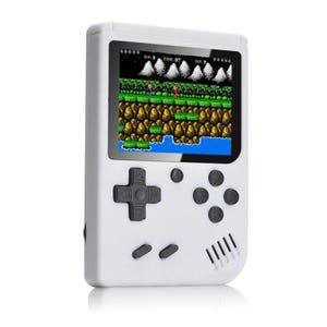 Handheld portable gaming console with a color screen displaying a retro platform game.
