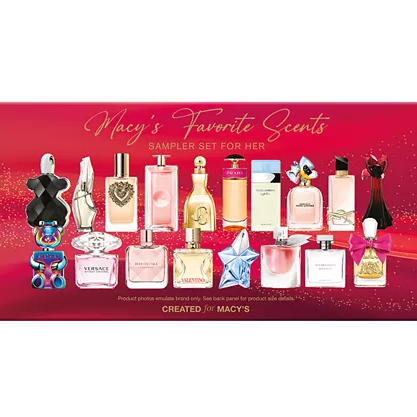 Macy's Favorite Scents Sampler Set for Her includes a selection of 15 mini perfumes, featuring various designer fragrances in unique bottles, set on a red glittered background.