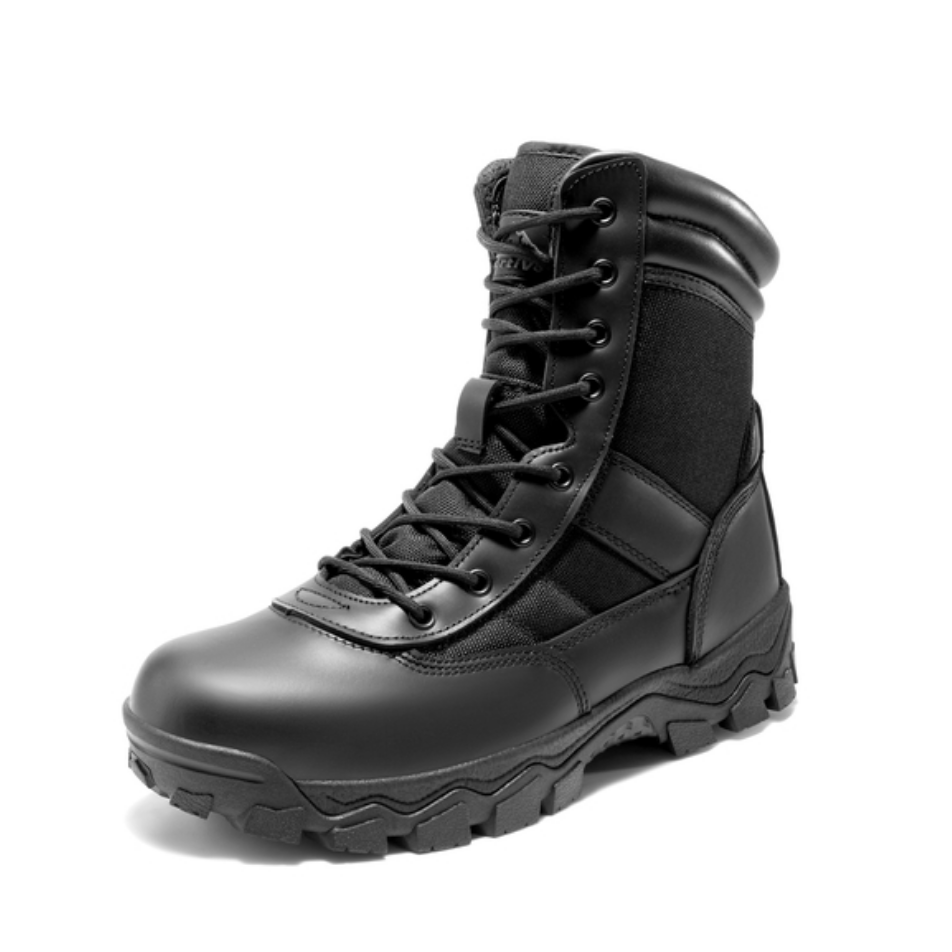 A black tactical boot features a high ankle design, rugged sole, and lace-up closure, suitable for outdoor and tactical use.