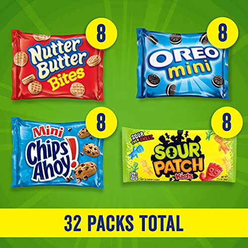 The image shows four types of snack packets: Nutter Butter Bites, Oreo Mini, Mini Chips Ahoy!, and Sour Patch Kids, with eight packs of each variety.