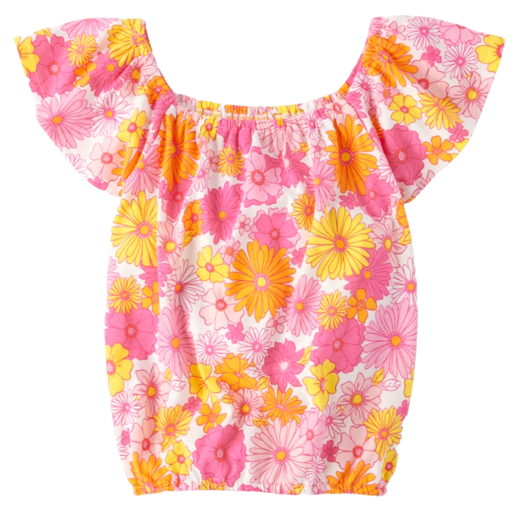A colorful off-the-shoulder top with a floral pattern featuring pink, yellow, and orange flowers.