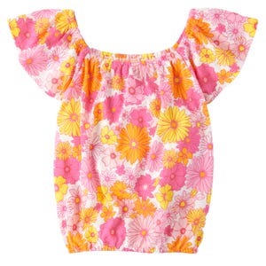 A colorful off-the-shoulder top with a floral pattern featuring pink, yellow, and orange flowers.