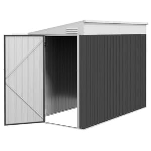 A metal storage shed with a pent roof, featuring a sliding door and contrasting colors with a light top and dark vertical side panels.