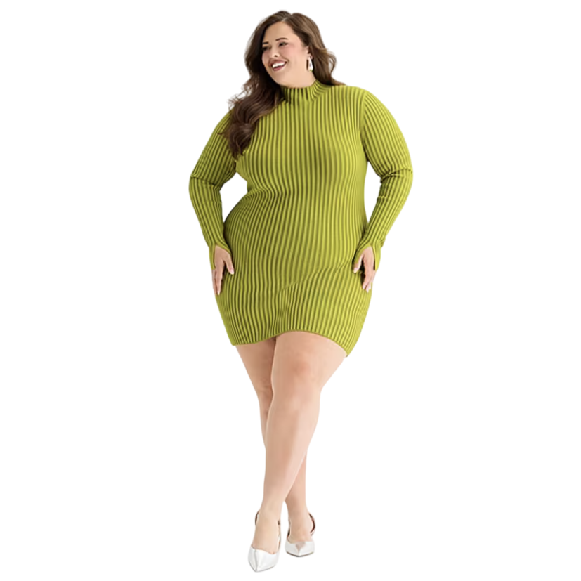 A woman wearing a long-sleeve, ribbed, lime green mini dress paired with white heels.