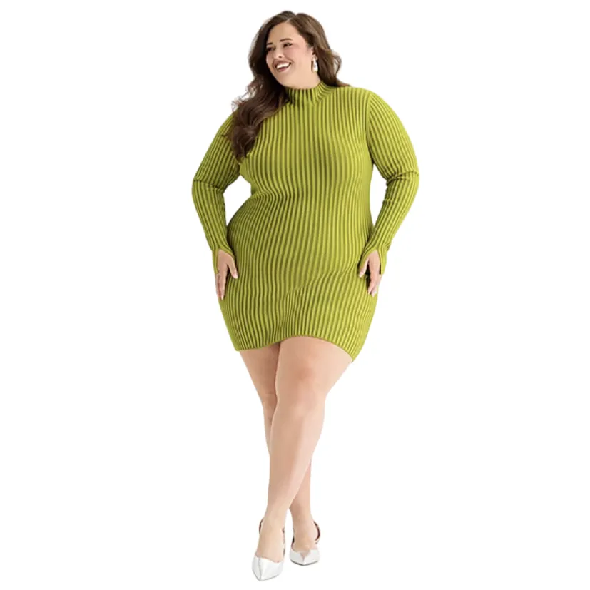 A woman wearing a long-sleeve, ribbed, lime green mini dress paired with white heels.