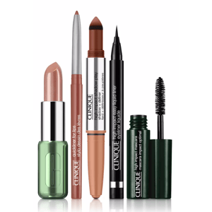 A lineup of Clinique makeup products featuring a nude lipstick, lip liner, brown eyeshadow stick, black liquid eyeliner, and mascara.