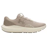 A beige athletic sneaker with breathable mesh upper, cushioned sole, and the Under Armour logo on the side.