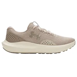 A beige athletic sneaker with breathable mesh upper, cushioned sole, and the Under Armour logo on the side.