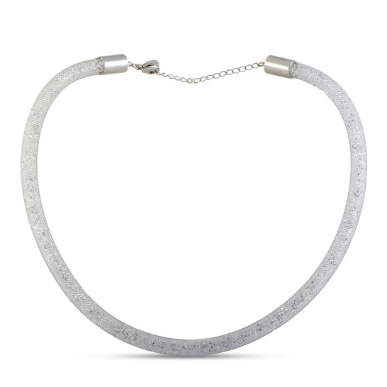 Silver mesh necklace with a clasp and adjustable chain, featuring a textured design.