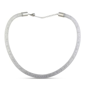 Silver mesh necklace with a clasp and adjustable chain, featuring a textured design.