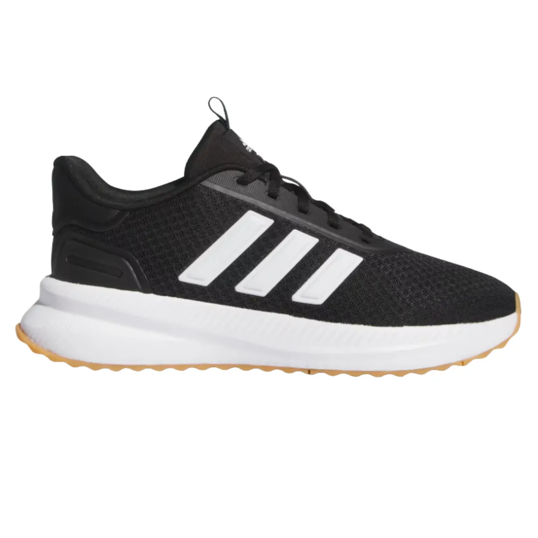 Black athletic shoe with white stripes and a gum-colored sole, featuring a mesh upper and cloudfoam cushioning.