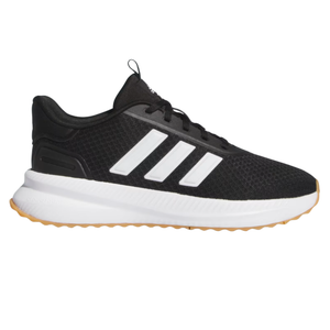 Black athletic shoe with white stripes and a gum-colored sole, featuring a mesh upper and cloudfoam cushioning.