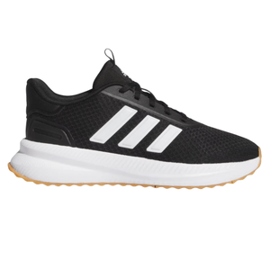 Black athletic shoe with white stripes and a gum-colored sole, featuring a mesh upper and cloudfoam cushioning.