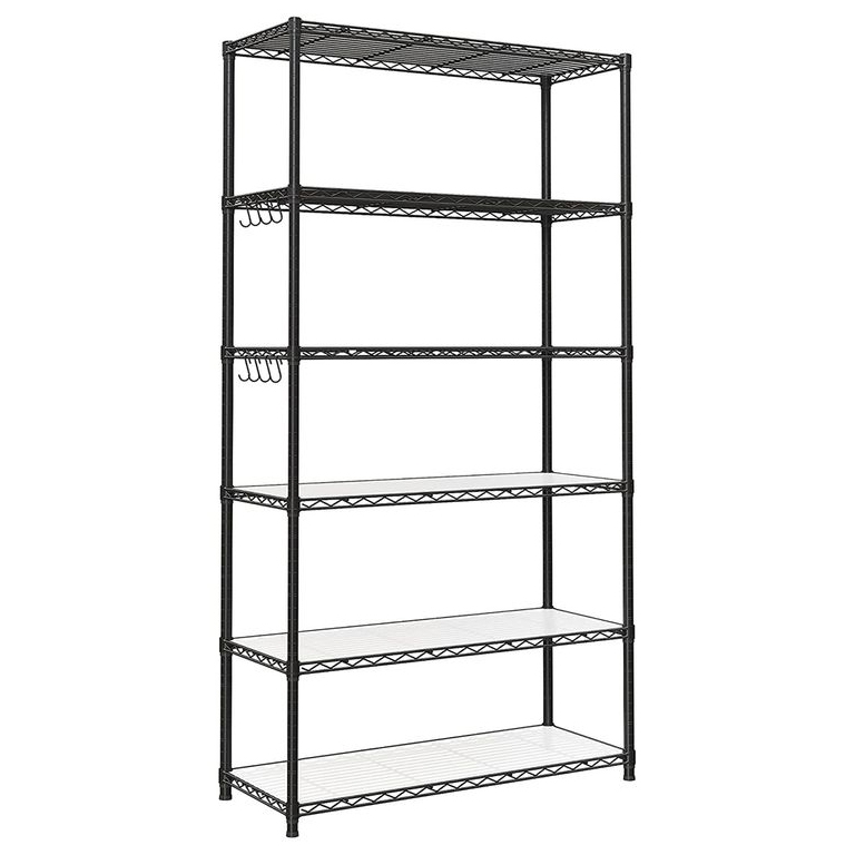 A black metal shelving unit with five adjustable shelves and hook attachments on the side for extra storage.