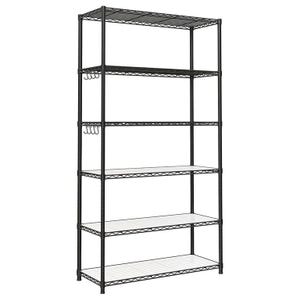 A black metal shelving unit with five adjustable shelves and hook attachments on the side for extra storage.