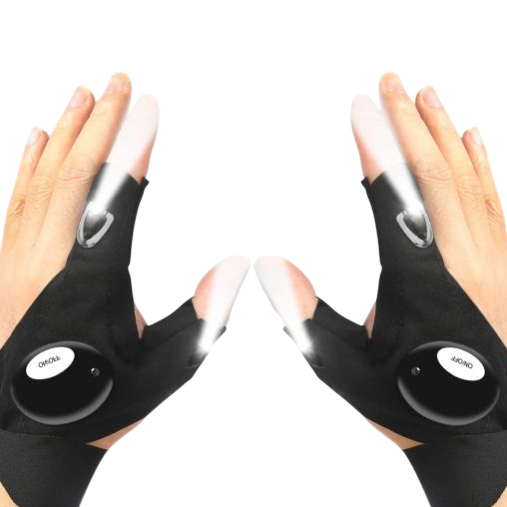 Wearable LED flashlight gloves, featuring a small light on the thumbs and index fingers, designed for hands-free illumination during activities like repair work or outdoor tasks.