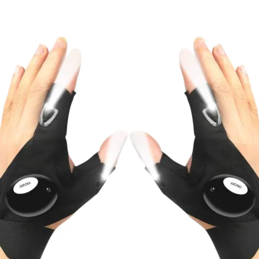 Wearable LED flashlight gloves, featuring a small light on the thumbs and index fingers, designed for hands-free illumination during activities like repair work or outdoor tasks.