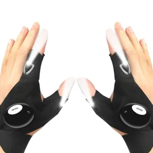 Wearable LED flashlight gloves, featuring a small light on the thumbs and index fingers, designed for hands-free illumination during activities like repair work or outdoor tasks.