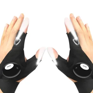 Wearable LED flashlight gloves, featuring a small light on the thumbs and index fingers, designed for hands-free illumination during activities like repair work or outdoor tasks.