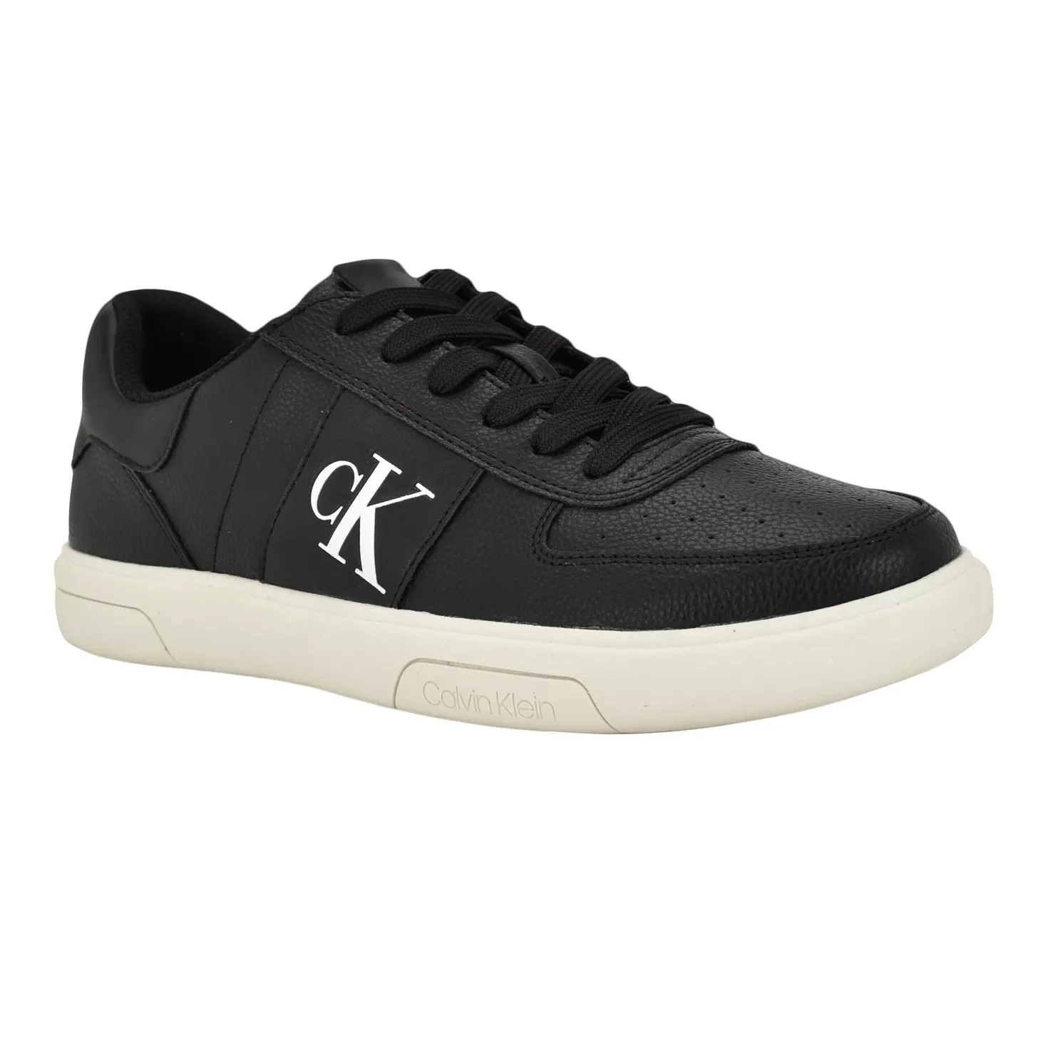 Black Calvin Klein sneaker with white sole and \“cK\“ logo on the side.