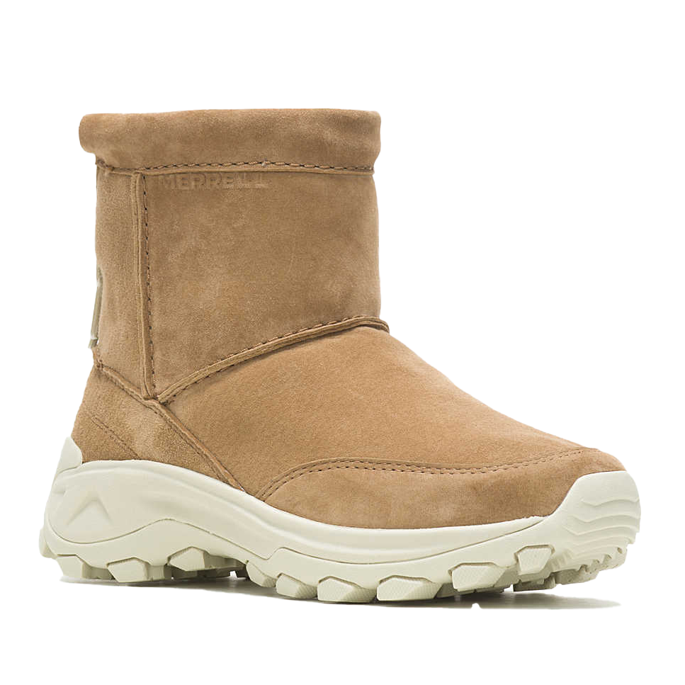 Tan suede ankle boot with a light-colored rugged sole, designed for casual wear and outdoor activities.