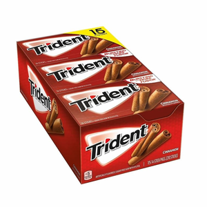 Trident Cinnamon Sugar-Free Gum, 15-count pack with 14-stick packs, bursting with cinnamon flavor, under 5 calories per piece.