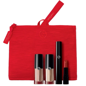 Giorgio Armani 4pc Makeup Holiday Gift Set includes two lip glosses, one mascara, and one lipstick, all placed in a vibrant red pouch embossed with the Armani logo.