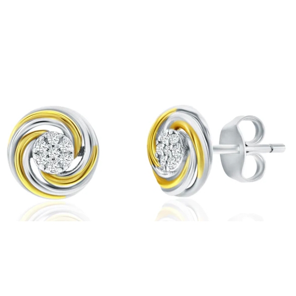 Silver Swirl Studs feature intertwined silver and gold swirls with a cluster of small diamonds at the center, creating a sophisticated and elegant design.